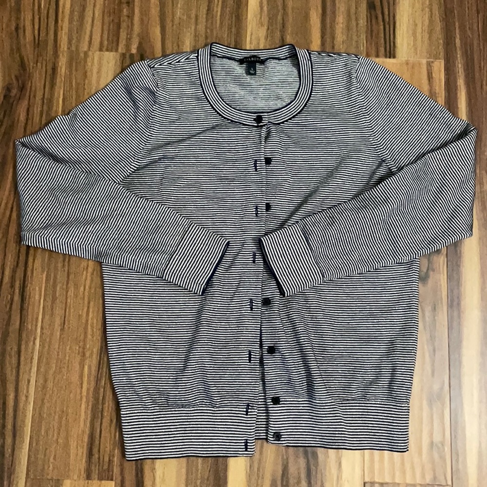 Talbots SWEATER button down stripes black silver L